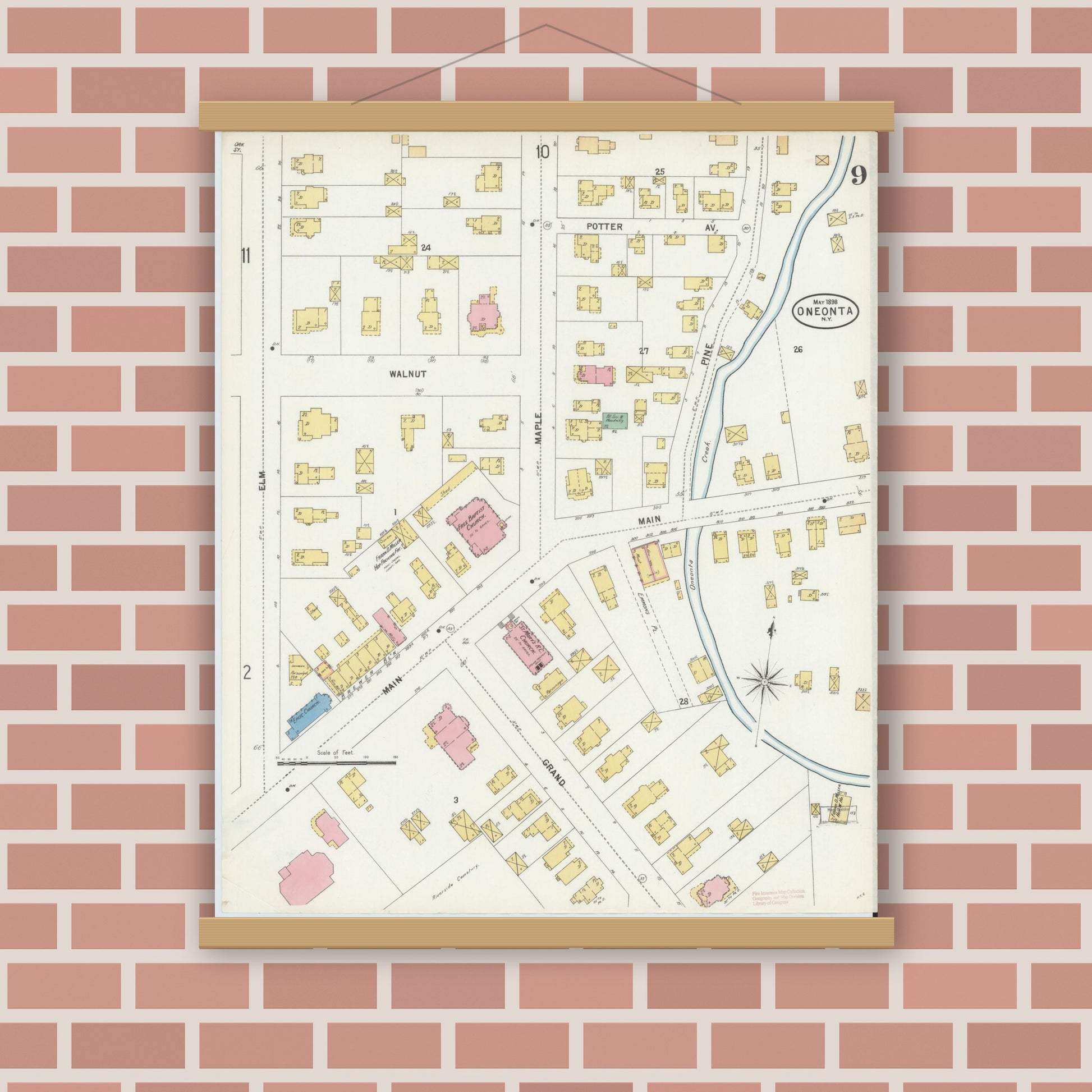 Old map wall art mockup — magnetic wood frame on brick wall — Sanborn Fire Insurance Map from Oneonta, Otsego County, New York (1898), Sheet #0009