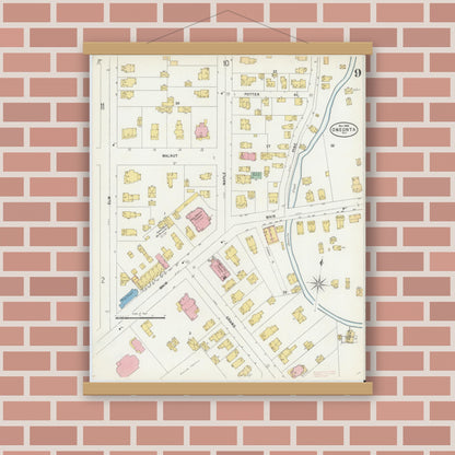 Old map wall art mockup — magnetic wood frame on brick wall — Sanborn Fire Insurance Map from Oneonta, Otsego County, New York (1898), Sheet #0009