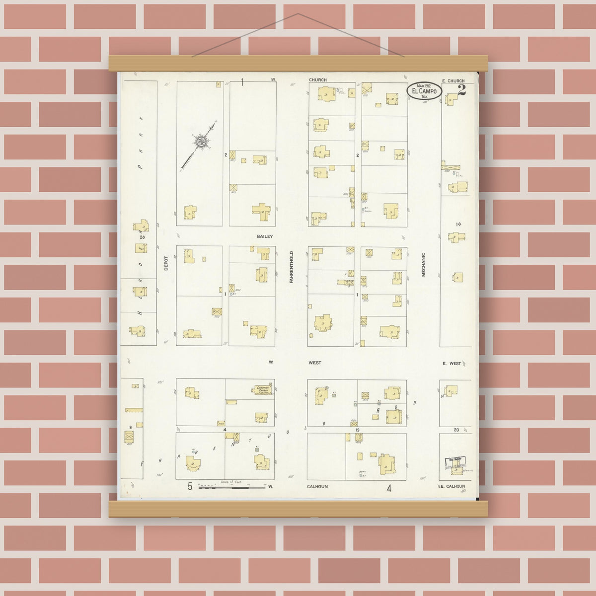 Old map wall art mockup — magnetic wood frame on brick wall — Sanborn Fire Insurance Map from El Campo, Wharton County, Texas (1912), Sheet #0002