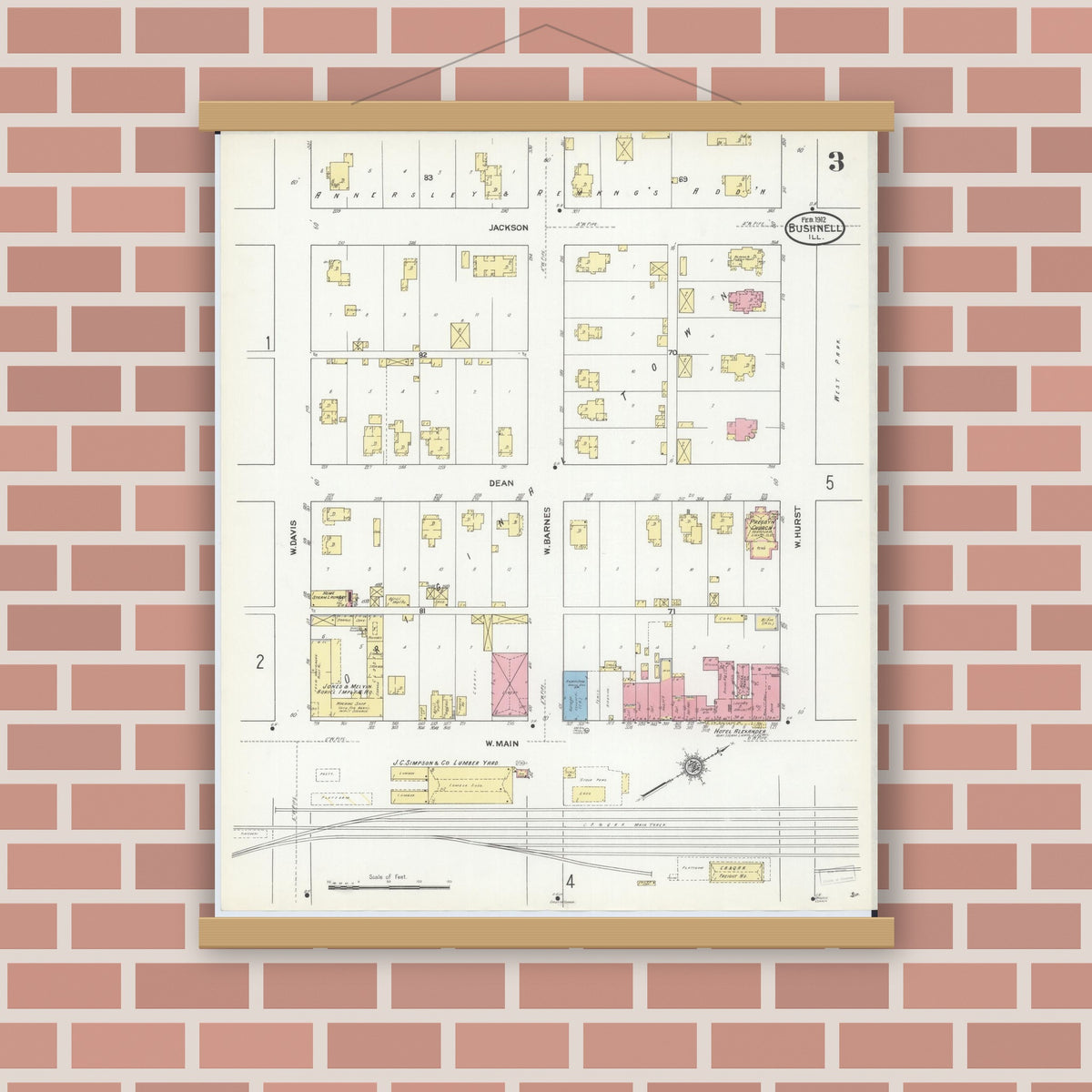 Old map wall art mockup — magnetic wood frame on brick wall — Sanborn Fire Insurance Map from Bushnell, Mcdonough County, Illinois (1912), Sheet #0003