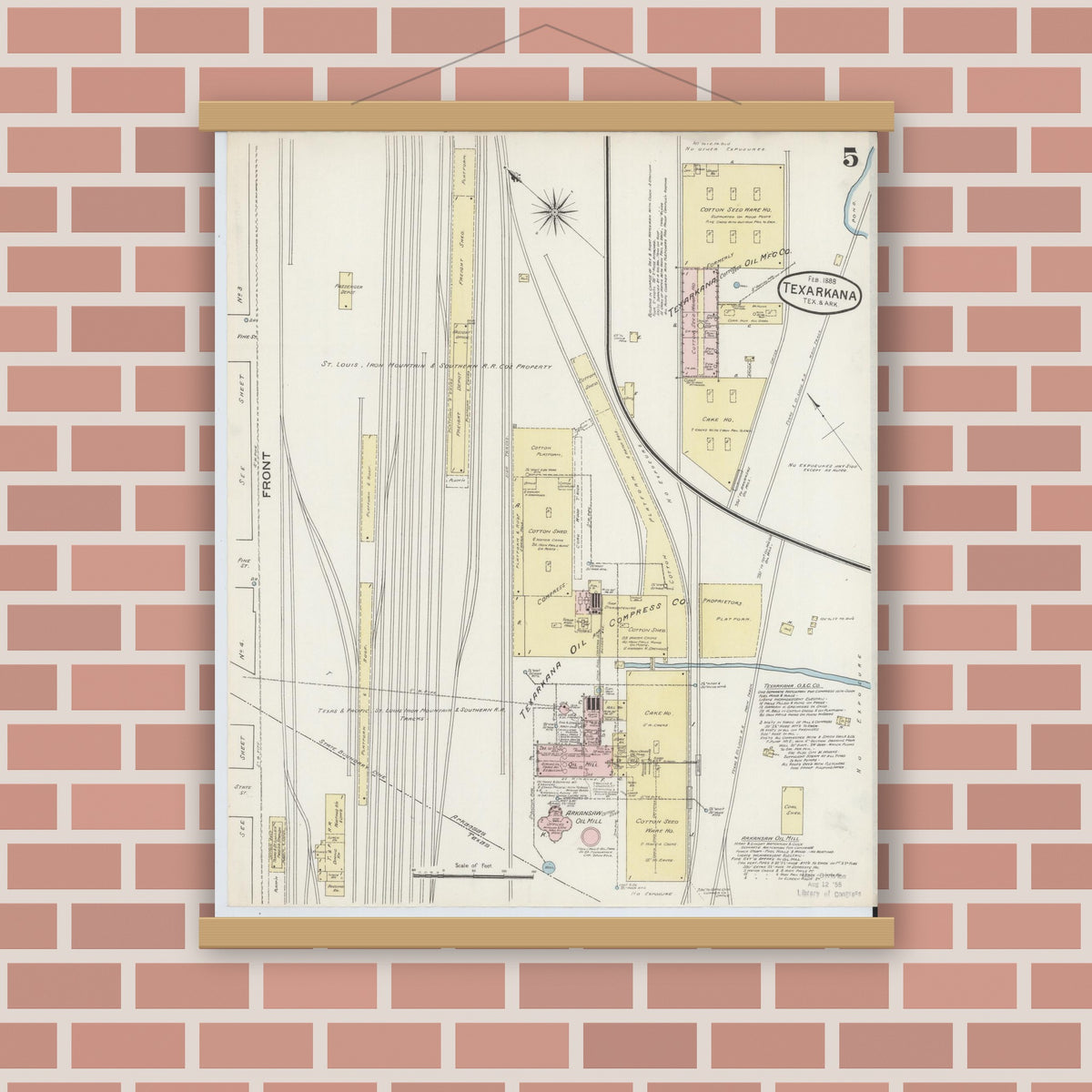 Old map wall art mockup — magnetic wood frame on brick wall — Sanborn Fire Insurance Map from Texarkana, Bowie County, Texas (1888), Sheet #0005