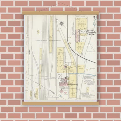 Old map wall art mockup — magnetic wood frame on brick wall — Sanborn Fire Insurance Map from Texarkana, Bowie County, Texas (1888), Sheet #0005