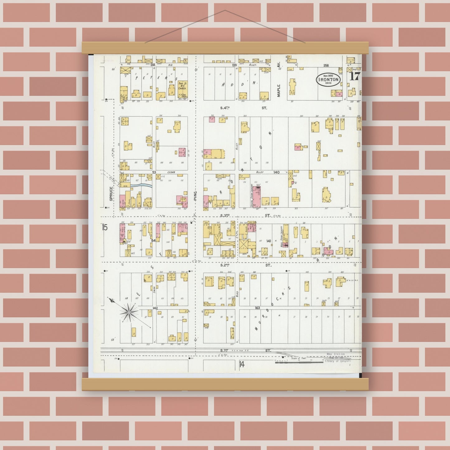 Old map wall art mockup — magnetic wood frame on brick wall — Sanborn Fire Insurance Map from Ironton, Lawrence County, Ohio (1900), Sheet #0017