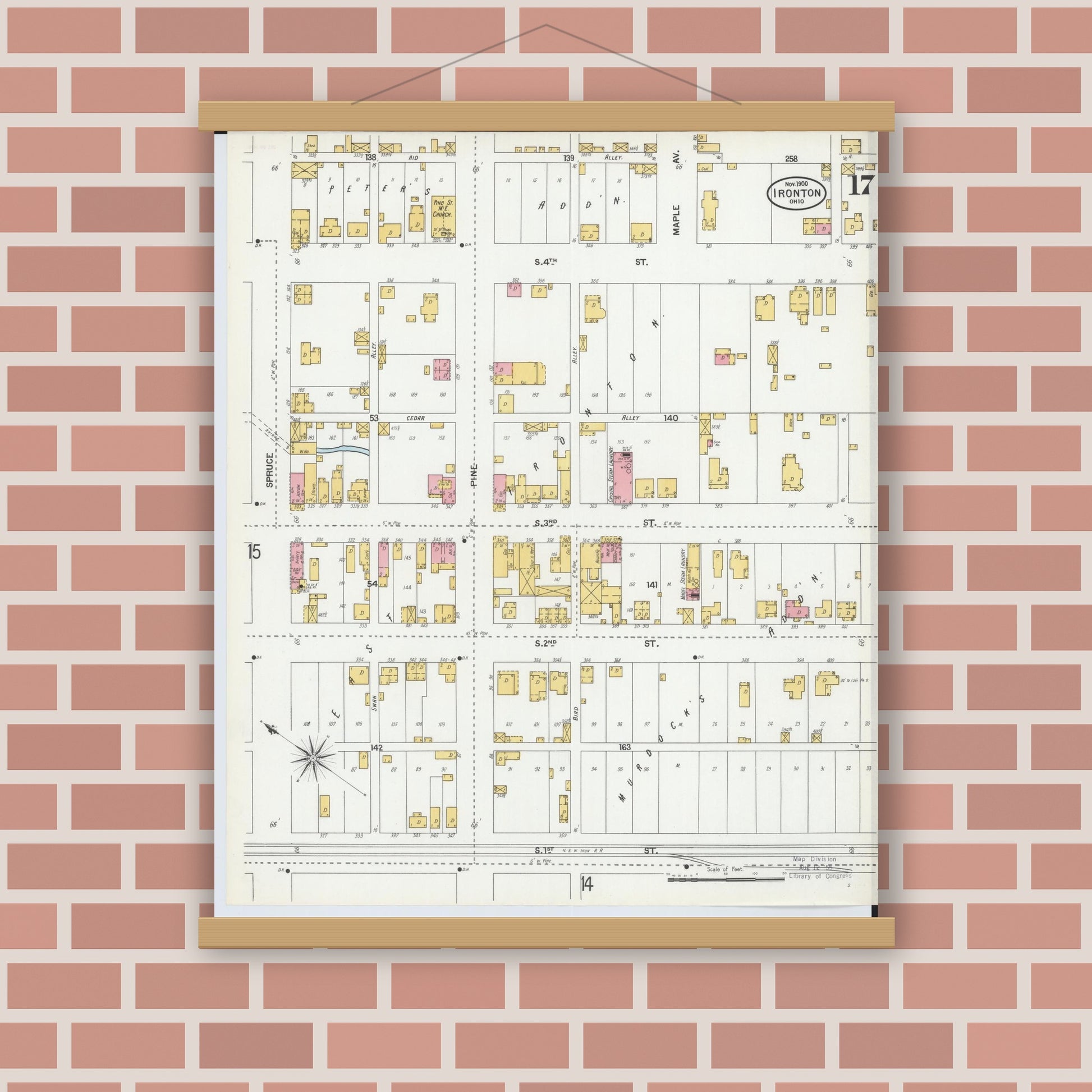 Old map wall art mockup — magnetic wood frame on brick wall — Sanborn Fire Insurance Map from Ironton, Lawrence County, Ohio (1900), Sheet #0017