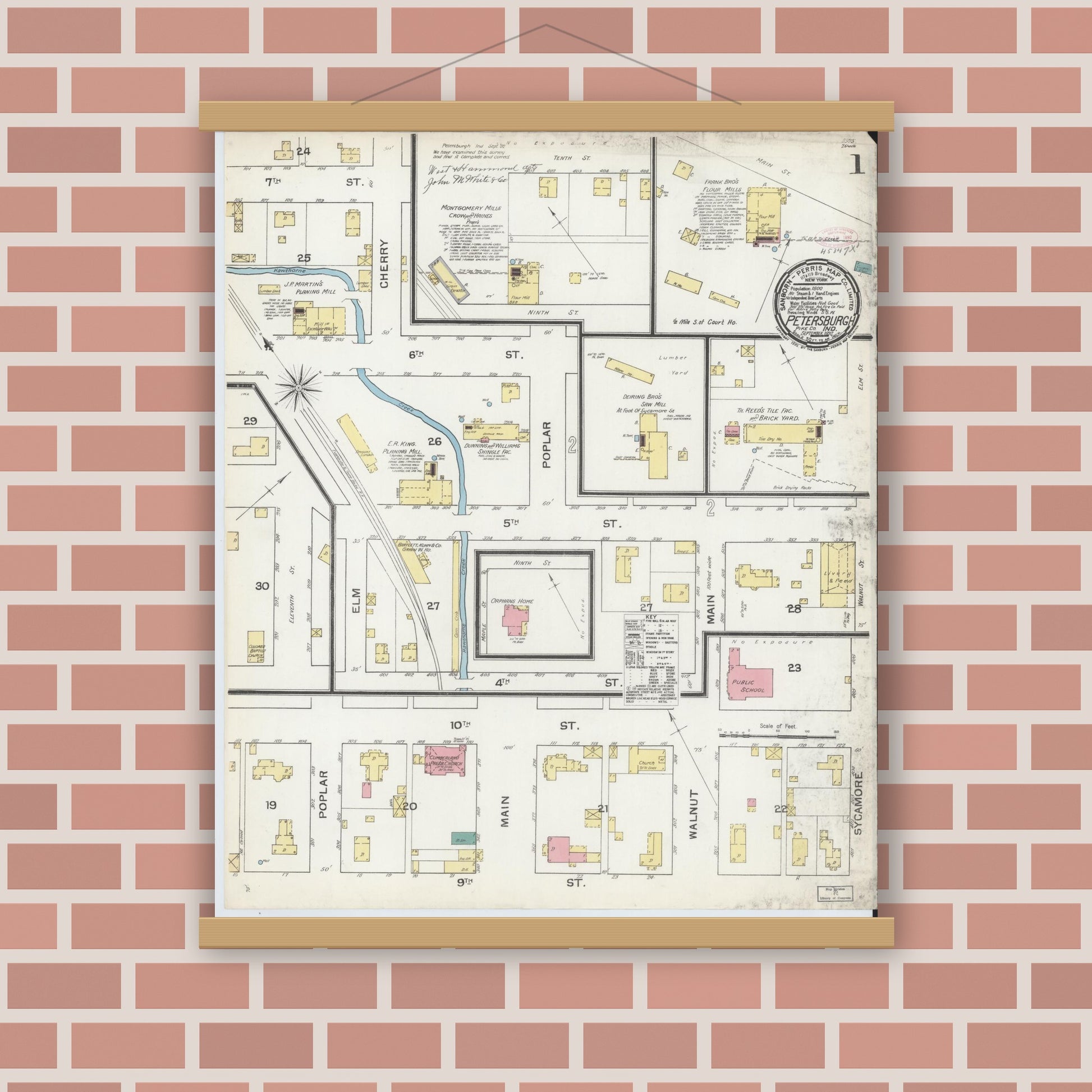 Old map wall art mockup — magnetic wood frame on brick wall — Sanborn Fire Insurance Map from Petersburg, Pike County, Indiana (1892), Sheet #0001