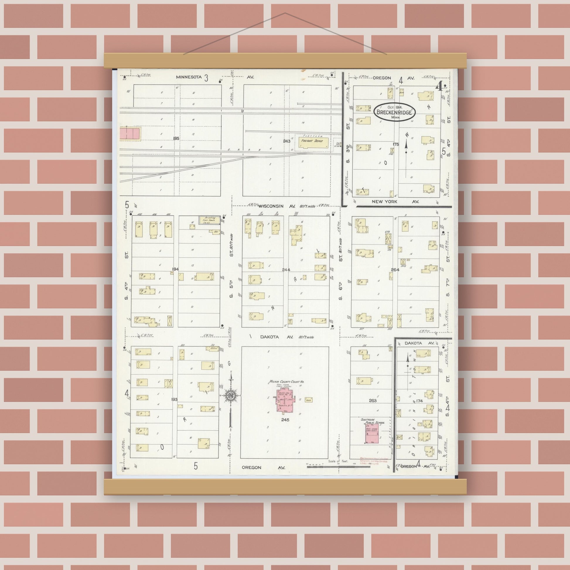 Old map wall art mockup — magnetic wood frame on brick wall — Sanborn Fire Insurance Map from Breckenridge, Wilkin County, Minnesota (1914), Sheet #0004