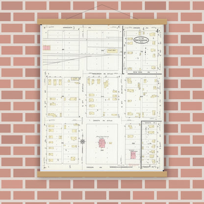 Old map wall art mockup — magnetic wood frame on brick wall — Sanborn Fire Insurance Map from Breckenridge, Wilkin County, Minnesota (1914), Sheet #0004