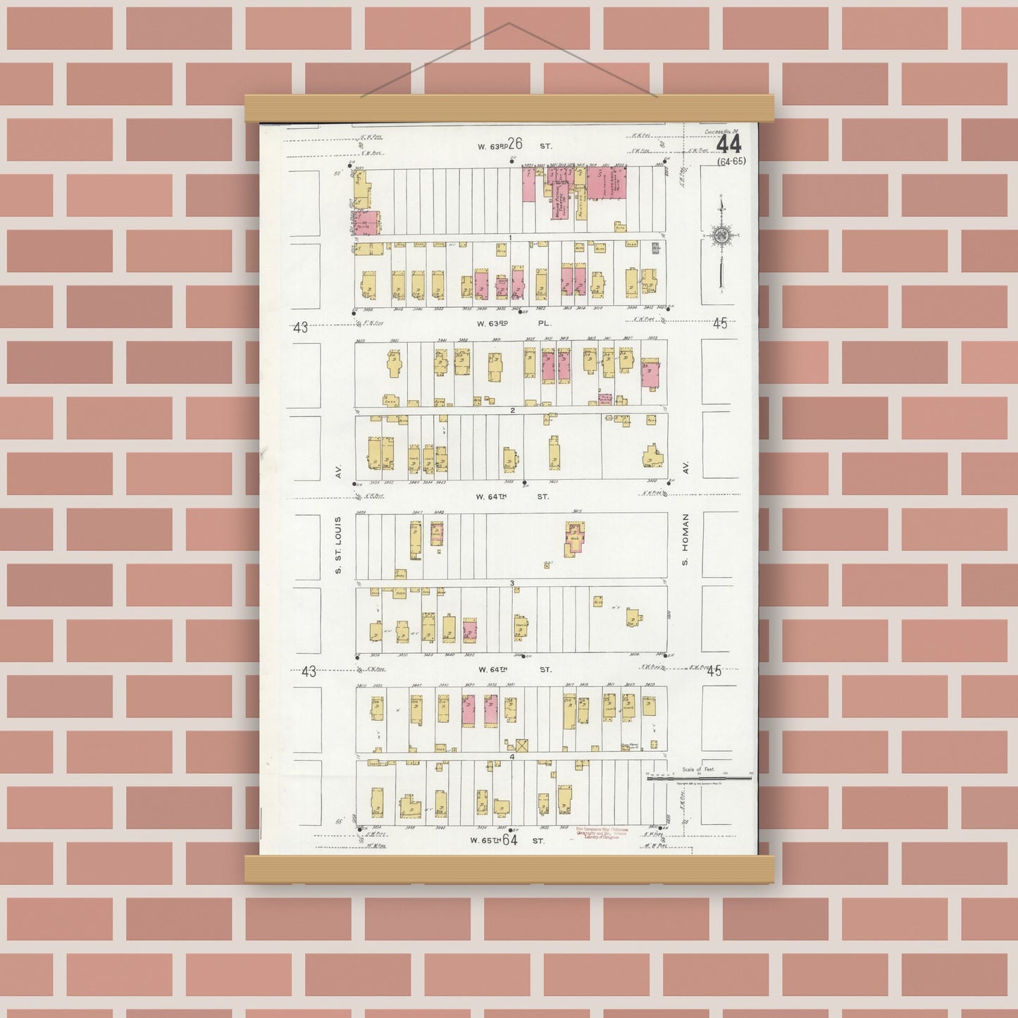Old map wall art mockup — magnetic wood frame on brick wall — Sanborn Fire Insurance Map from Chicago, Cook County, Illinois (1920), Sheet #0044