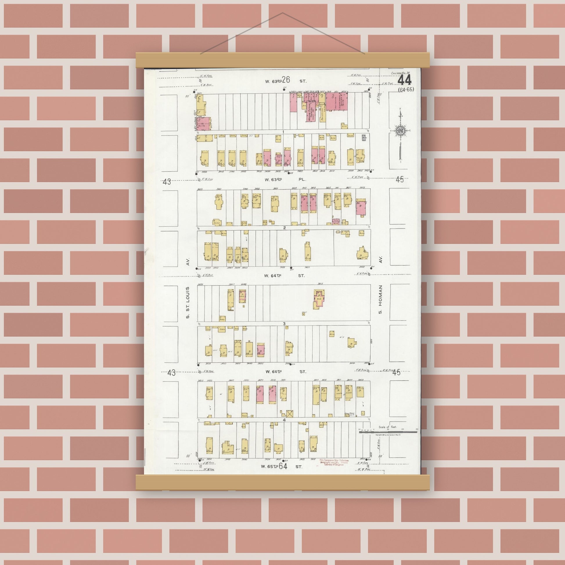 Old map wall art mockup — magnetic wood frame on brick wall — Sanborn Fire Insurance Map from Chicago, Cook County, Illinois (1920), Sheet #0044
