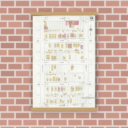 Old map wall art mockup — magnetic wood frame on brick wall — Sanborn Fire Insurance Map from Chicago, Cook County, Illinois (1920), Sheet #0044