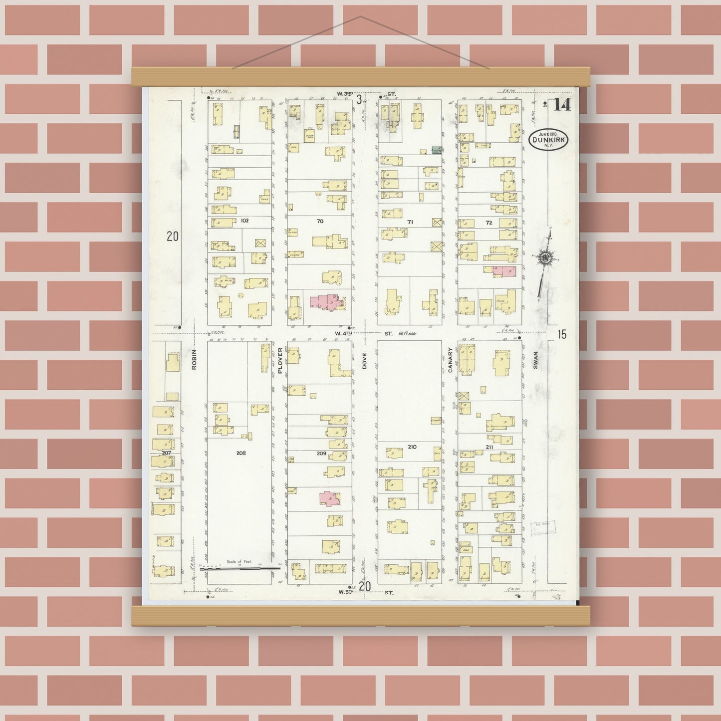 Old map wall art mockup — magnetic wood frame on brick wall — Sanborn Fire Insurance Map from Dunkirk, Chautauqua County, New York (1910), Sheet #0014