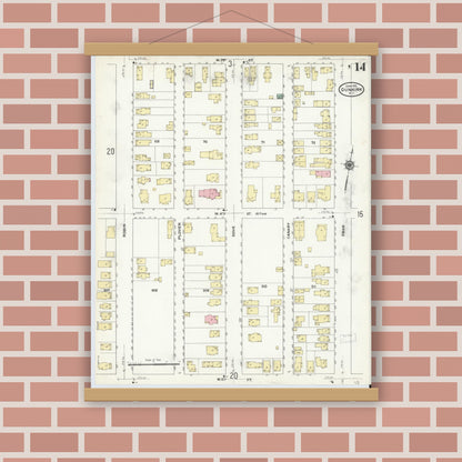 Old map wall art mockup — magnetic wood frame on brick wall — Sanborn Fire Insurance Map from Dunkirk, Chautauqua County, New York (1910), Sheet #0014