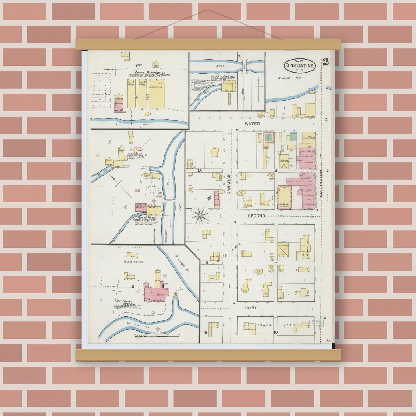 Old map wall art mockup — magnetic wood frame on brick wall — Sanborn Fire Insurance Map from Constantine, Saint Joseph County, Michigan (1892), Sheet #0002
