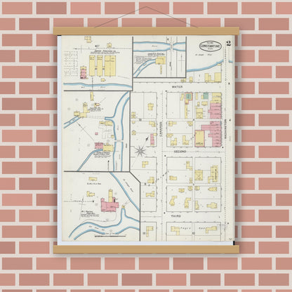 Old map wall art mockup — magnetic wood frame on brick wall — Sanborn Fire Insurance Map from Constantine, Saint Joseph County, Michigan (1892), Sheet #0002