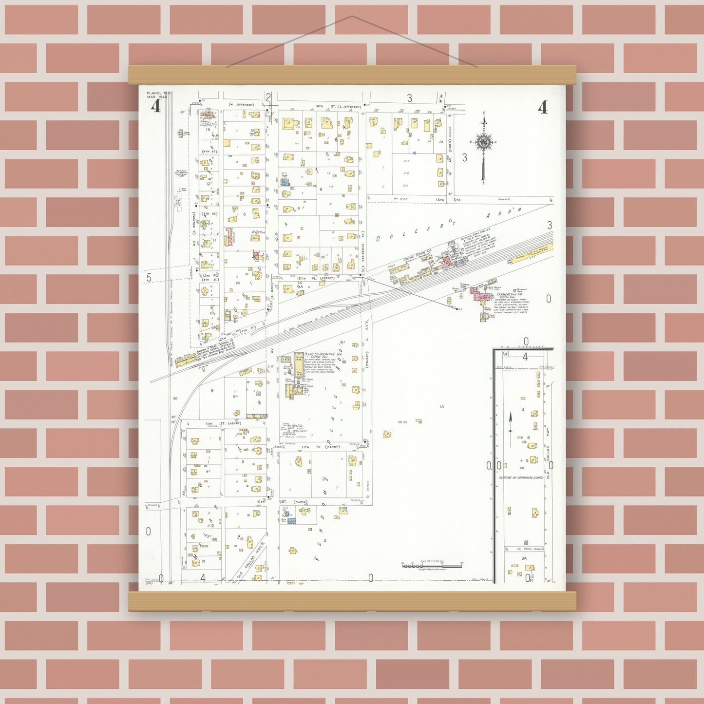 Old map wall art mockup — magnetic wood frame on brick wall — Sanborn Fire Insurance Map from Plano, Collin County, Texas (1949), Sheet #0004
