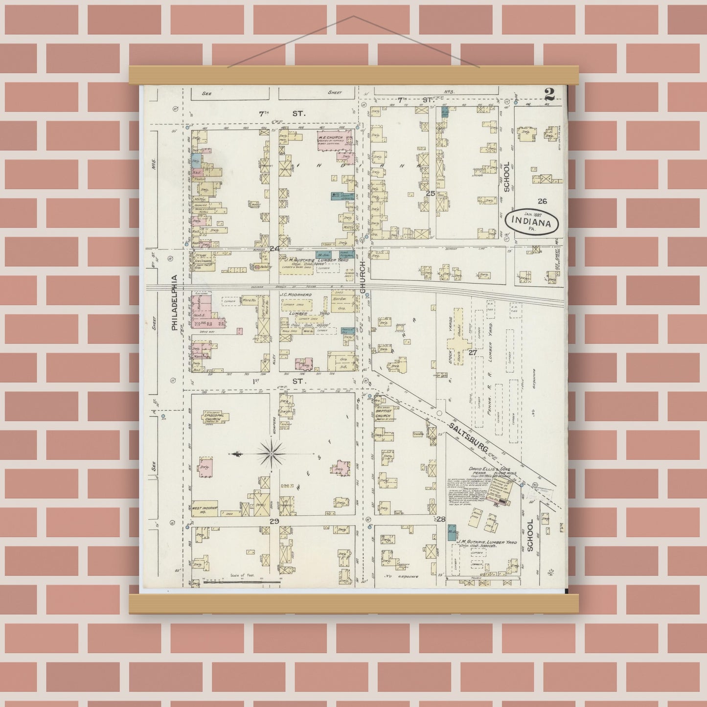 Old map wall art mockup — magnetic wood frame on brick wall — Sanborn Fire Insurance Map from Indiana, Indiana County, Pennsylvania (1887), Sheet #0002