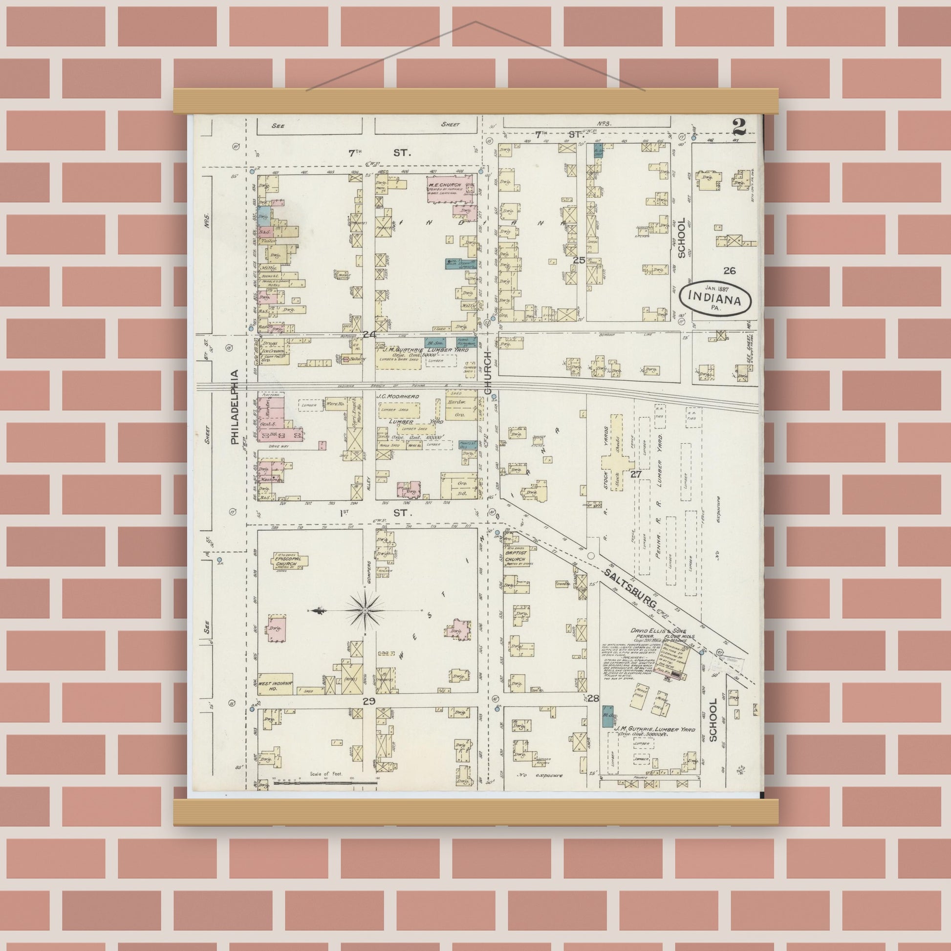 Old map wall art mockup — magnetic wood frame on brick wall — Sanborn Fire Insurance Map from Indiana, Indiana County, Pennsylvania (1887), Sheet #0002