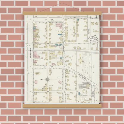 Old map wall art mockup — magnetic wood frame on brick wall — Sanborn Fire Insurance Map from Indiana, Indiana County, Pennsylvania (1887), Sheet #0002