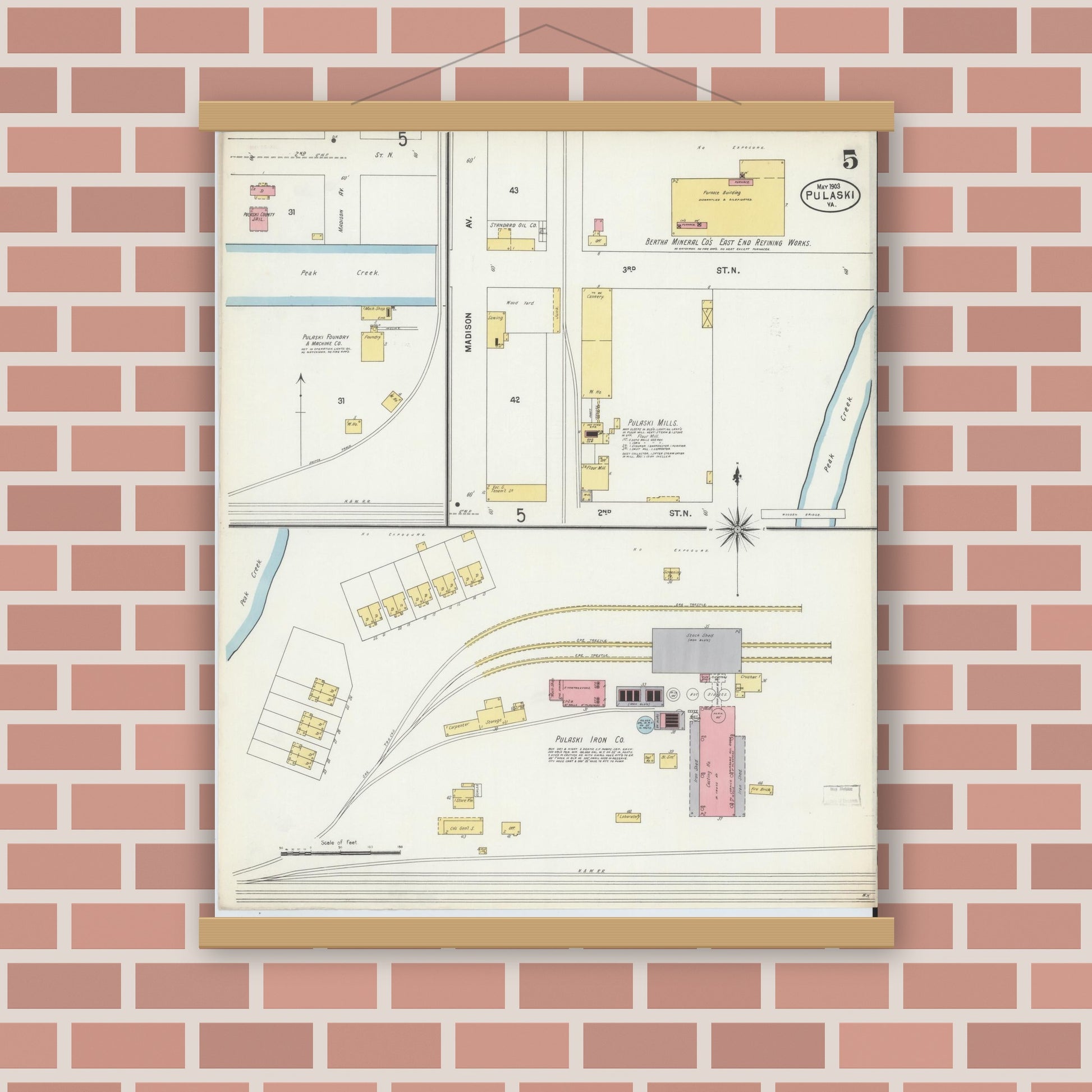 Old map wall art mockup — magnetic wood frame on brick wall — Sanborn Fire Insurance Map from Pulaski, Pulaski County, Virginia (1903), Sheet #0005