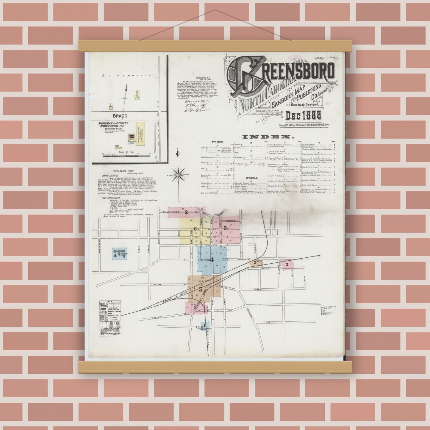 Old map wall art mockup — magnetic wood frame on brick wall — Sanborn Fire Insurance Map from Greensboro, Guilford County, North Carolina (1888), Sheet #0001