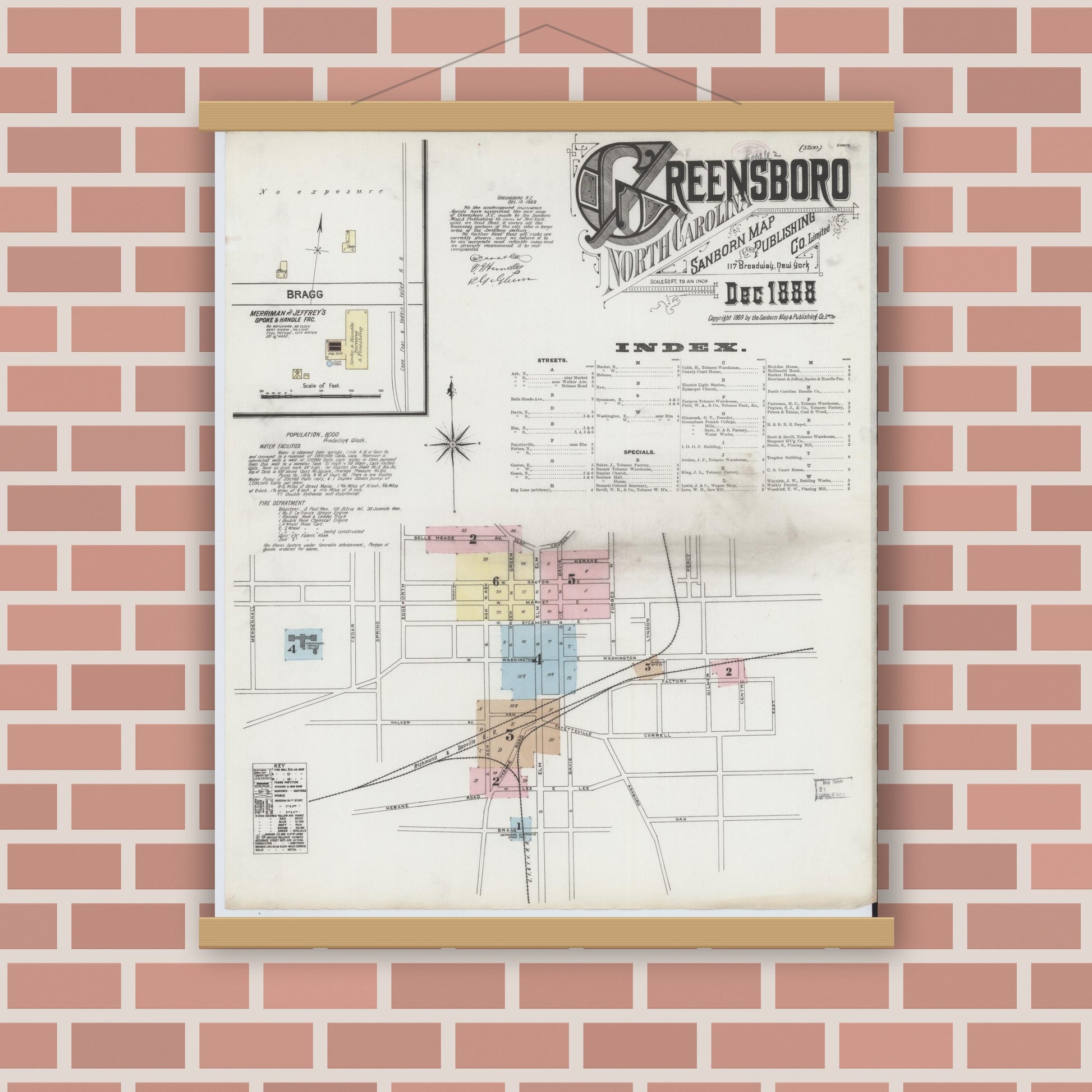 Old map wall art mockup — magnetic wood frame on brick wall — Sanborn Fire Insurance Map from Greensboro, Guilford County, North Carolina (1888), Sheet #0001
