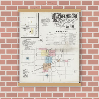 Old map wall art mockup — magnetic wood frame on brick wall — Sanborn Fire Insurance Map from Greensboro, Guilford County, North Carolina (1888), Sheet #0001