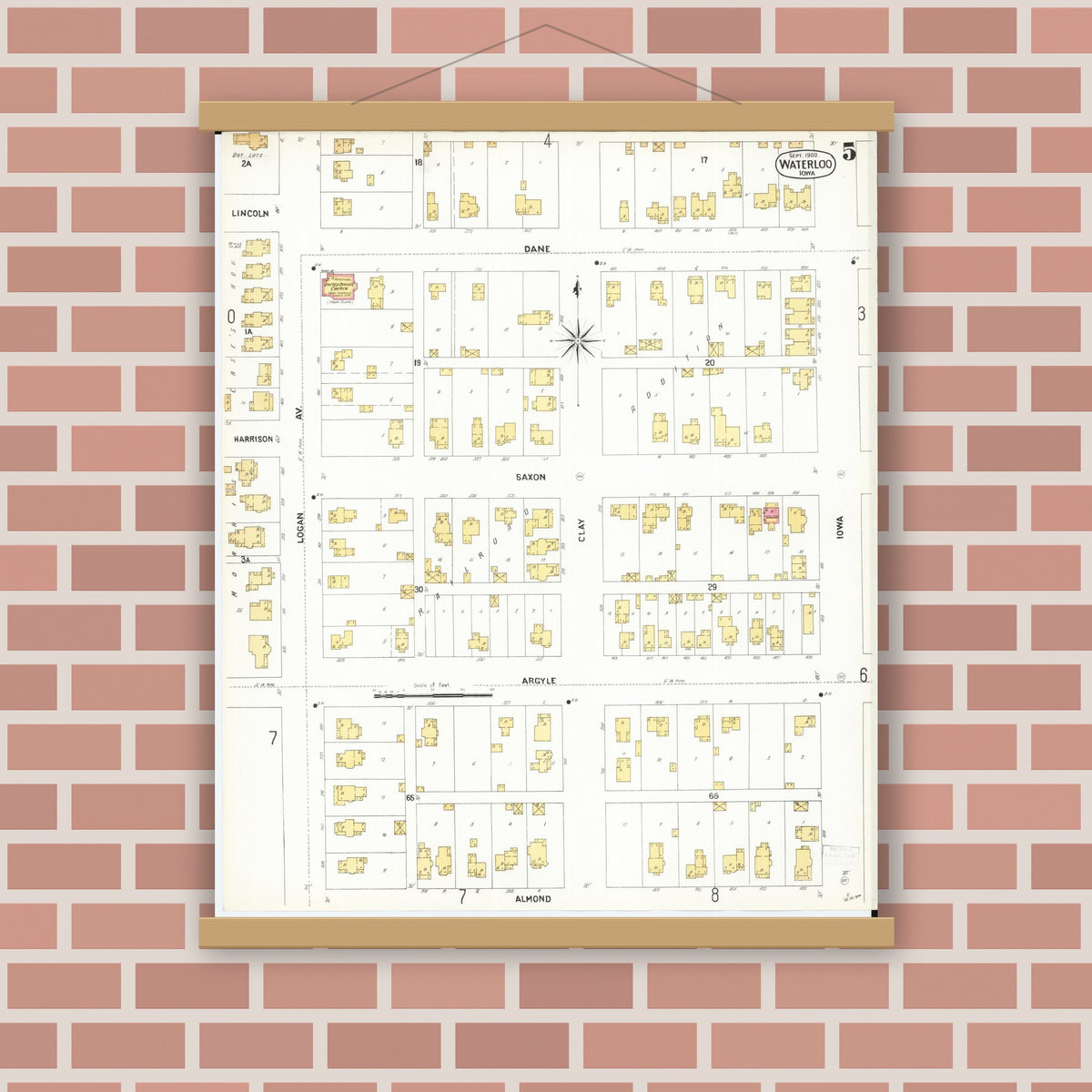 Old map wall art mockup — magnetic wood frame on brick wall — Sanborn Fire Insurance Map from Waterloo, Black Hawk County, Iowa (1900), Sheet #0005