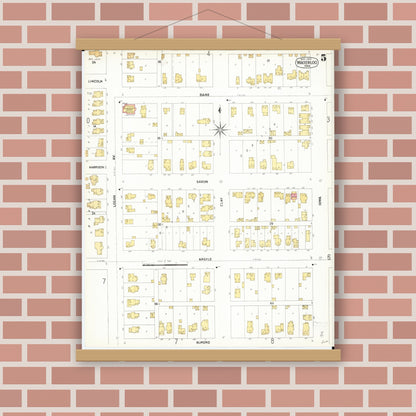 Old map wall art mockup — magnetic wood frame on brick wall — Sanborn Fire Insurance Map from Waterloo, Black Hawk County, Iowa (1900), Sheet #0005