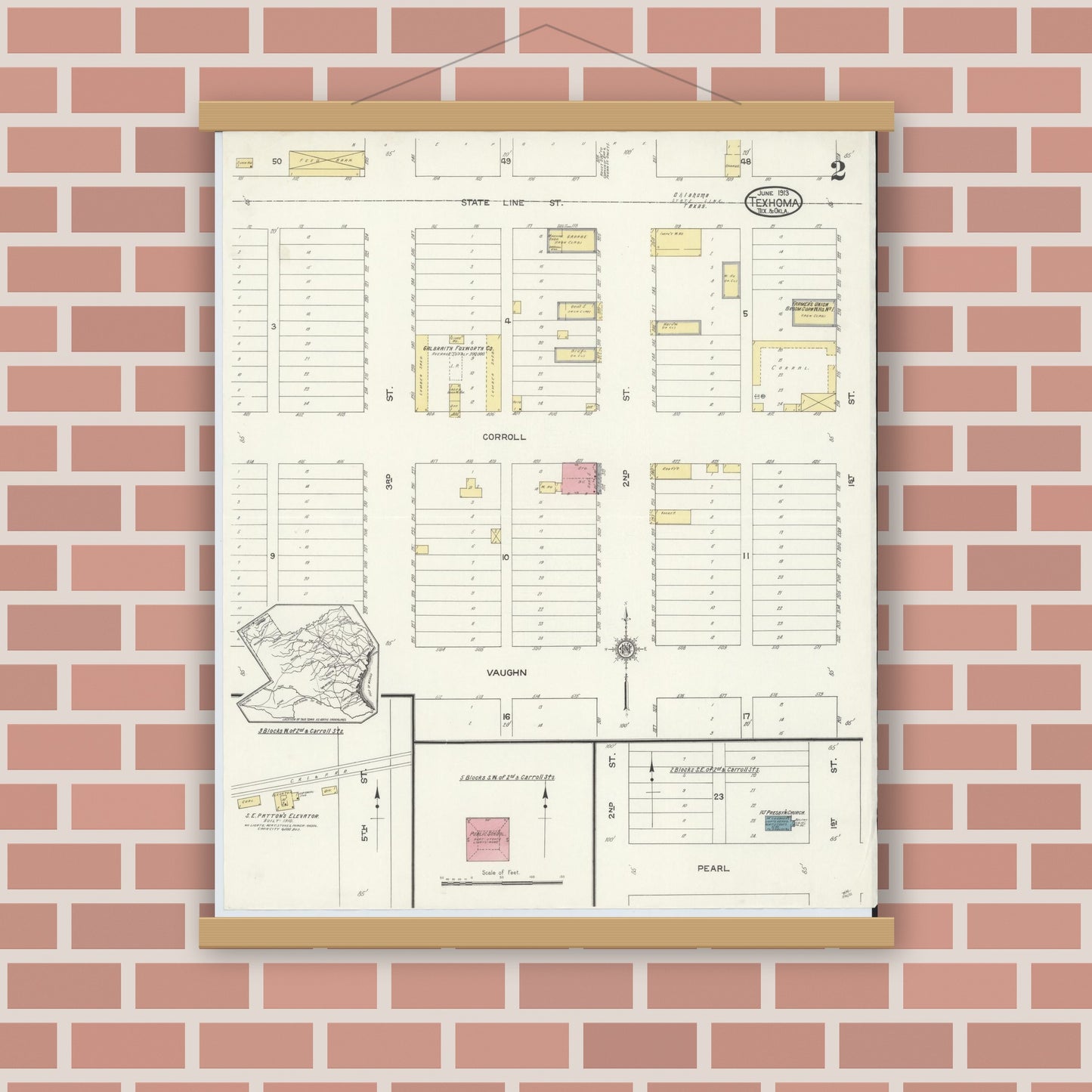 Old map wall art mockup — magnetic wood frame on brick wall — Sanborn Fire Insurance Map from Texhoma, Texas County, Oklahoma and Sherman County, Texas, Oklahoma (1913), Sheet #0002