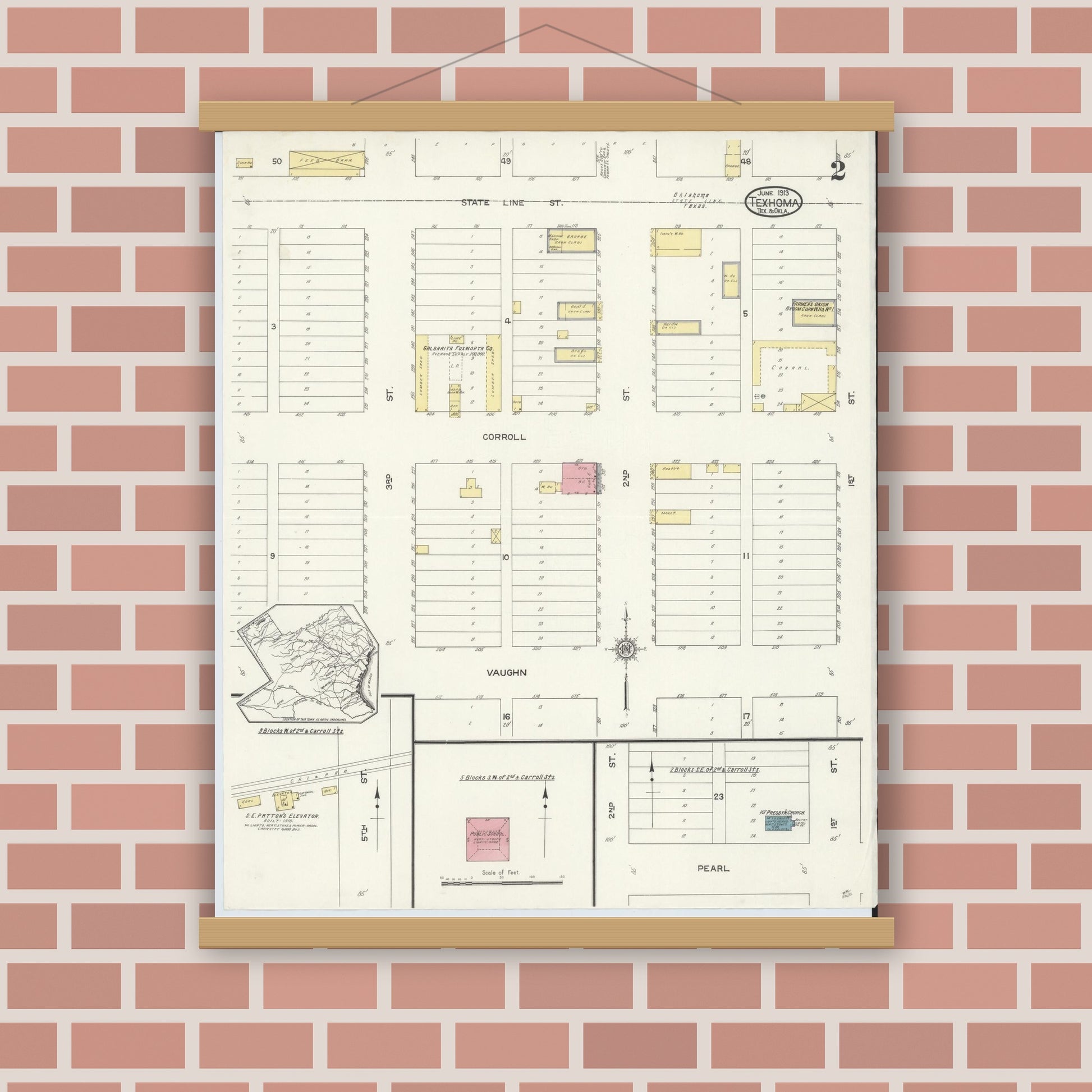 Old map wall art mockup — magnetic wood frame on brick wall — Sanborn Fire Insurance Map from Texhoma, Texas County, Oklahoma and Sherman County, Texas, Oklahoma (1913), Sheet #0002