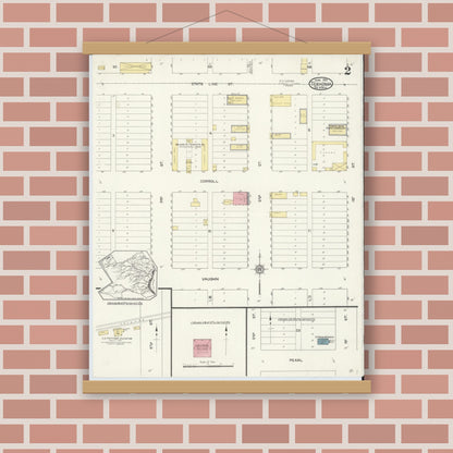 Old map wall art mockup — magnetic wood frame on brick wall — Sanborn Fire Insurance Map from Texhoma, Texas County, Oklahoma and Sherman County, Texas, Oklahoma (1913), Sheet #0002