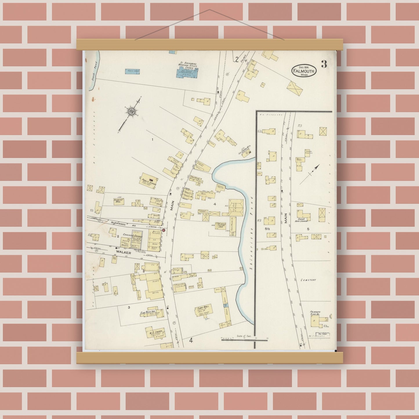 Old map wall art mockup — magnetic wood frame on brick wall — Sanborn Fire Insurance Map from Falmouth, Barnstable County, Massachusetts (1914), Sheet #0003
