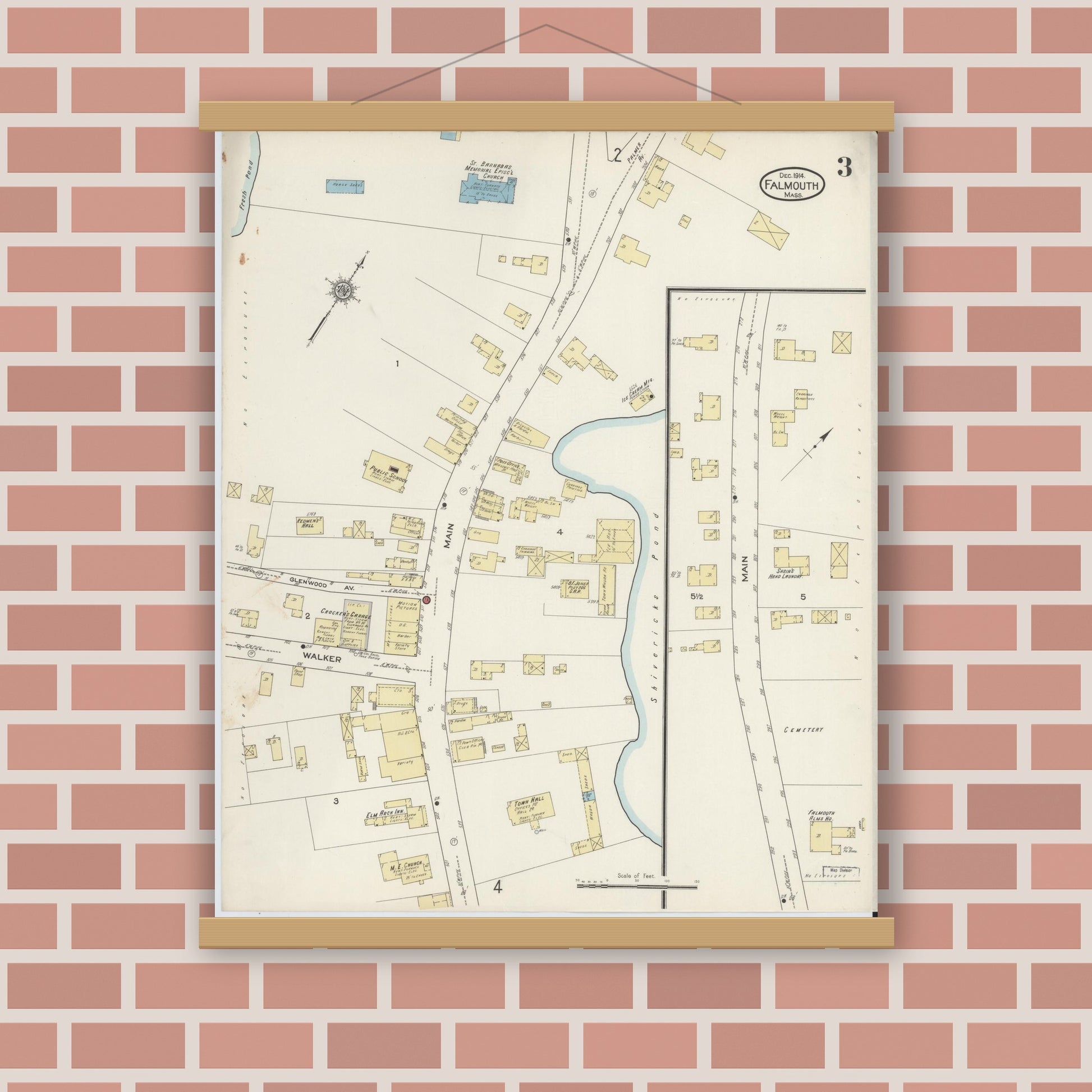 Old map wall art mockup — magnetic wood frame on brick wall — Sanborn Fire Insurance Map from Falmouth, Barnstable County, Massachusetts (1914), Sheet #0003