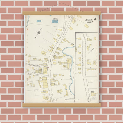 Old map wall art mockup — magnetic wood frame on brick wall — Sanborn Fire Insurance Map from Falmouth, Barnstable County, Massachusetts (1914), Sheet #0003