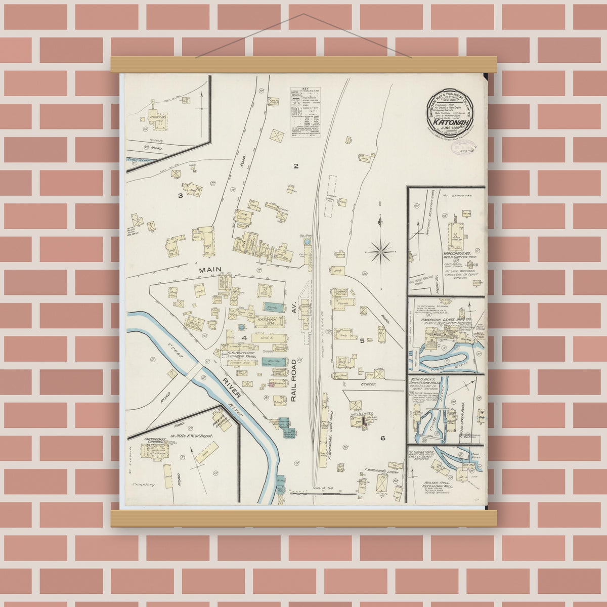 Old map wall art mockup — magnetic wood frame on brick wall — Sanborn Fire Insurance Map from Katonah, Westchester County, New York (1885), Sheet #0001