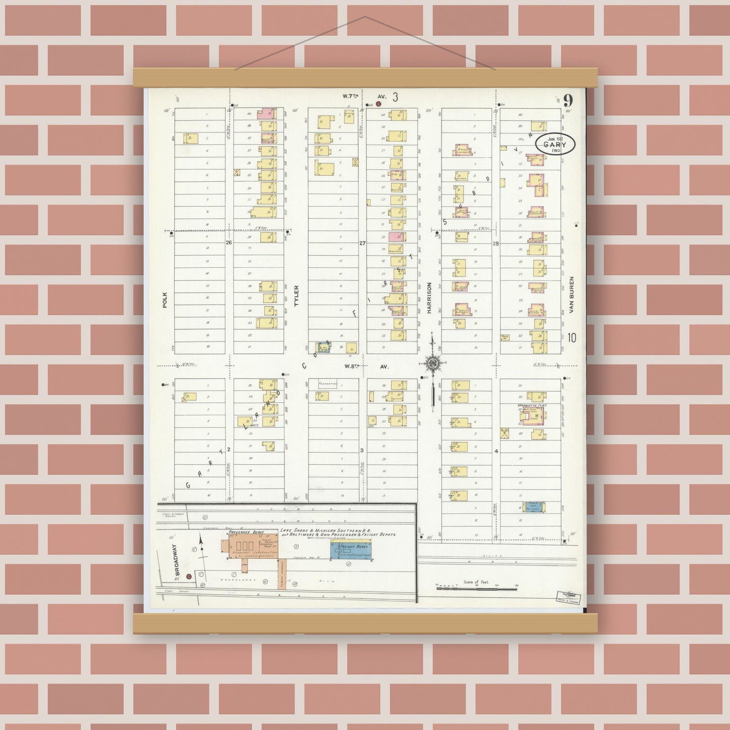 Old map wall art mockup — magnetic wood frame on brick wall — Sanborn Fire Insurance Map from Gary, Lake County, Indiana (1911), Sheet #0009