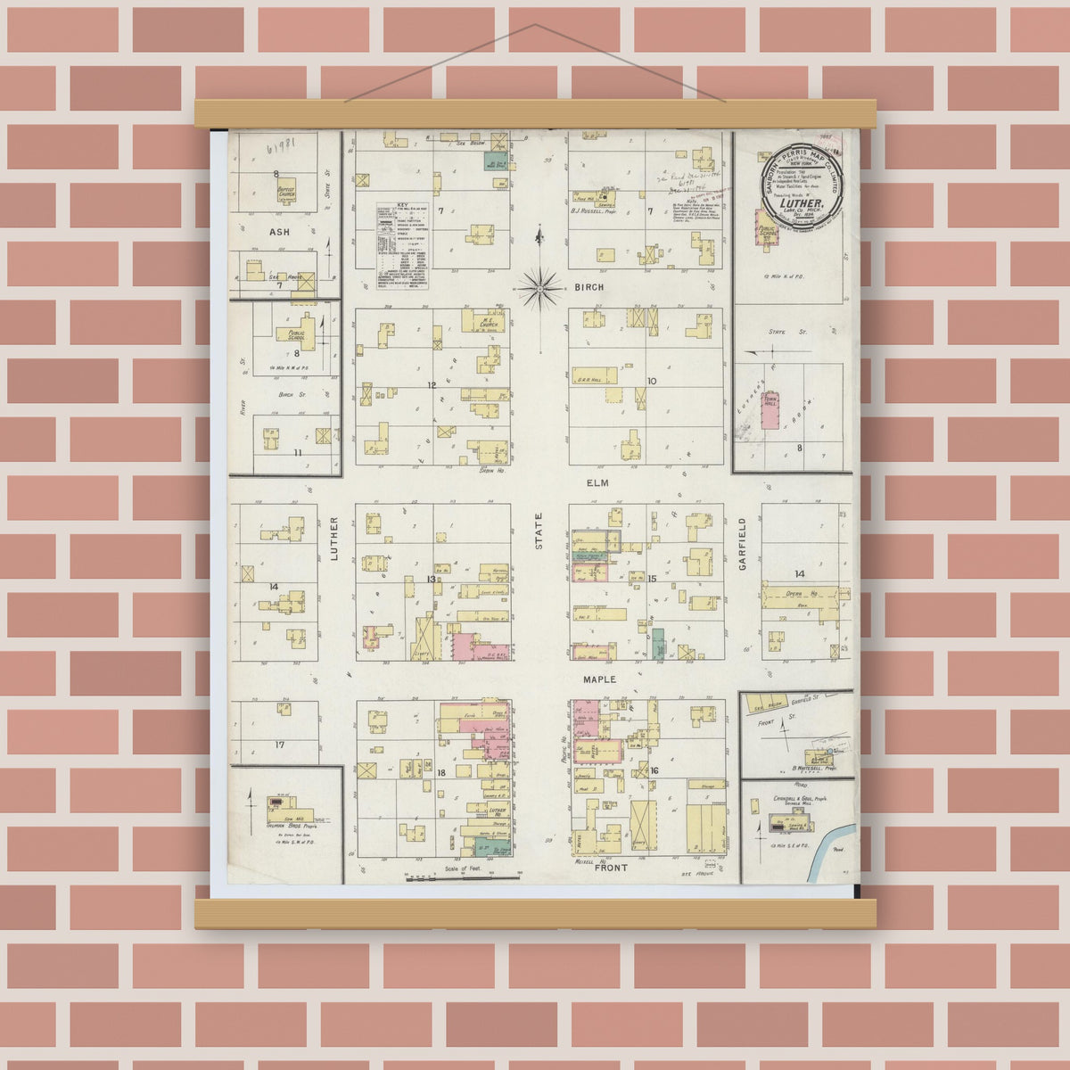 Old map wall art mockup — magnetic wood frame on brick wall — Sanborn Fire Insurance Map from Luther, Lake County, Michigan (1894), Sheet #0001
