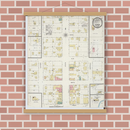 Old map wall art mockup — magnetic wood frame on brick wall — Sanborn Fire Insurance Map from Luther, Lake County, Michigan (1894), Sheet #0001