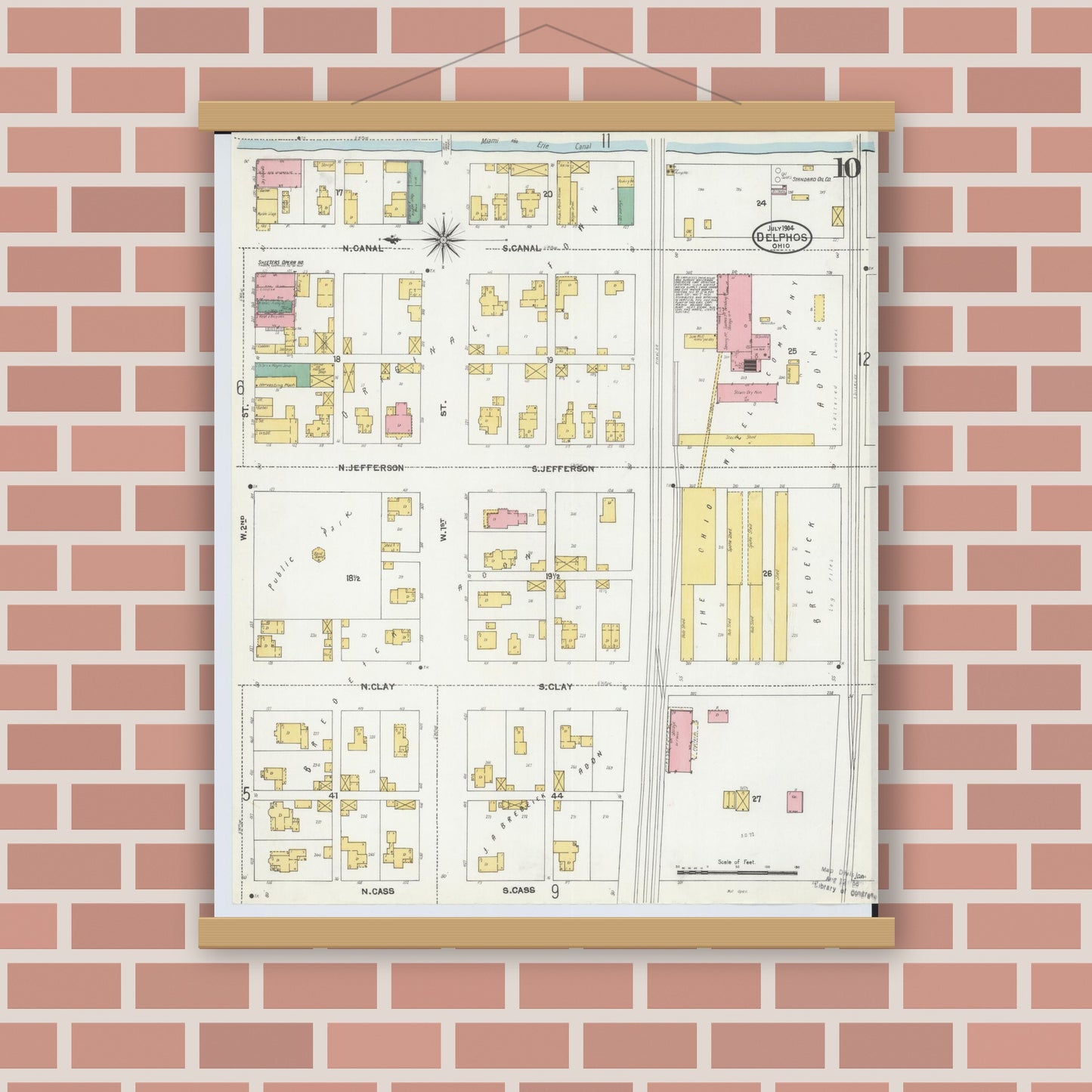 Old map wall art mockup — magnetic wood frame on brick wall — Sanborn Fire Insurance Map from Delphos, Van Wert And Allen Counties, Ohio (1904), Sheet #0010
