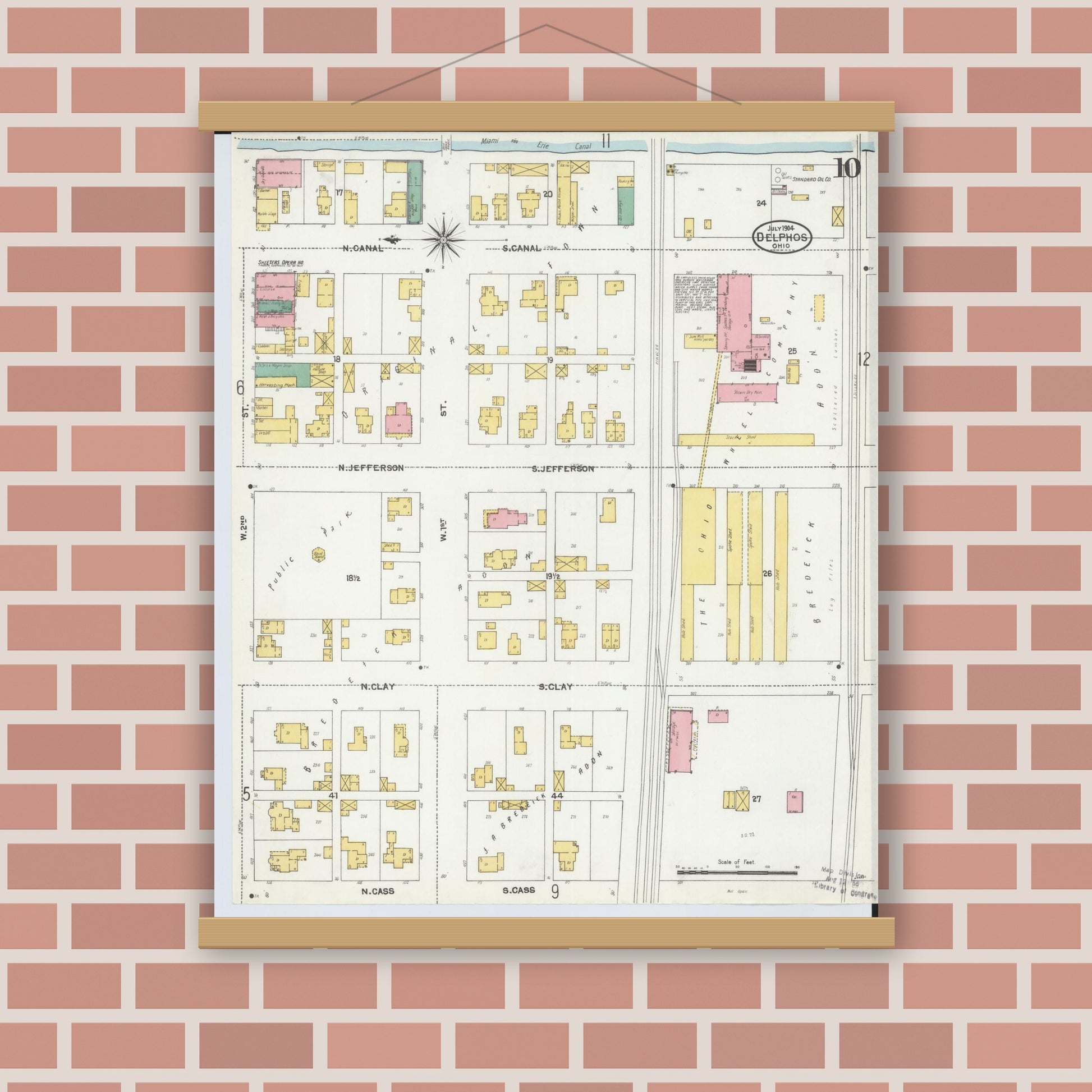 Old map wall art mockup — magnetic wood frame on brick wall — Sanborn Fire Insurance Map from Delphos, Van Wert And Allen Counties, Ohio (1904), Sheet #0010
