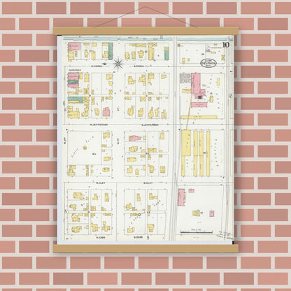 Old map wall art mockup — magnetic wood frame on brick wall — Sanborn Fire Insurance Map from Delphos, Van Wert And Allen Counties, Ohio (1904), Sheet #0010