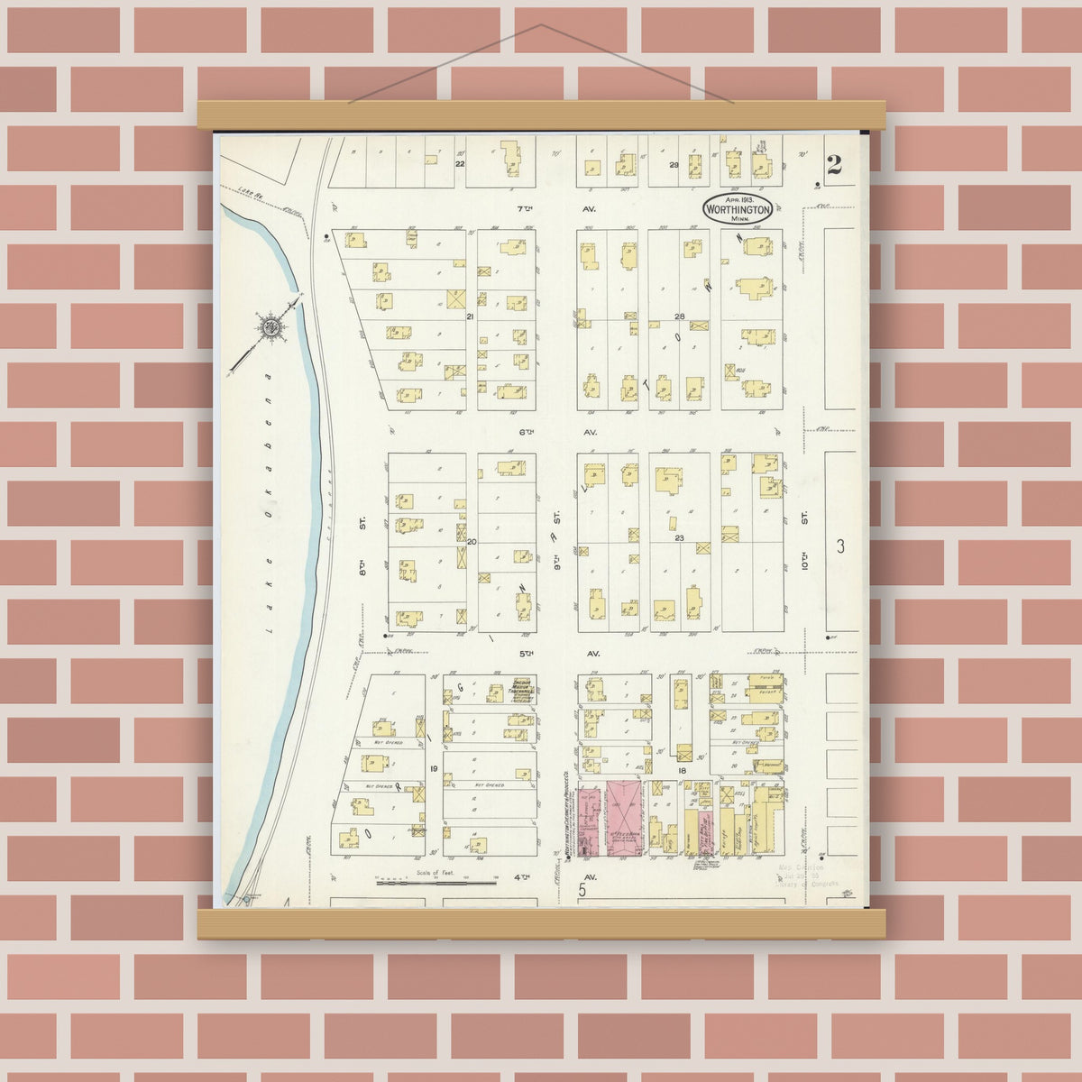 Old map wall art mockup — magnetic wood frame on brick wall — Sanborn Fire Insurance Map from Worthington, Nobles County, Minnesota (1913), Sheet #0002