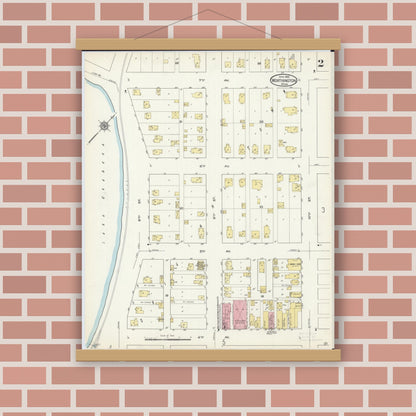 Old map wall art mockup — magnetic wood frame on brick wall — Sanborn Fire Insurance Map from Worthington, Nobles County, Minnesota (1913), Sheet #0002