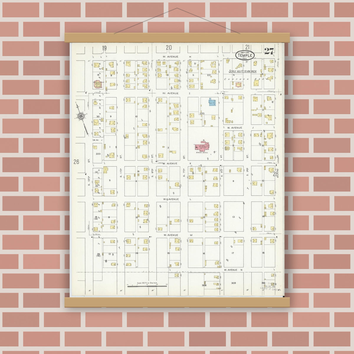 Old map wall art mockup — magnetic wood frame on brick wall — Sanborn Fire Insurance Map from Temple, Bell County, Texas (1915), Sheet #0027