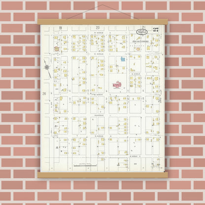 Old map wall art mockup — magnetic wood frame on brick wall — Sanborn Fire Insurance Map from Temple, Bell County, Texas (1915), Sheet #0027
