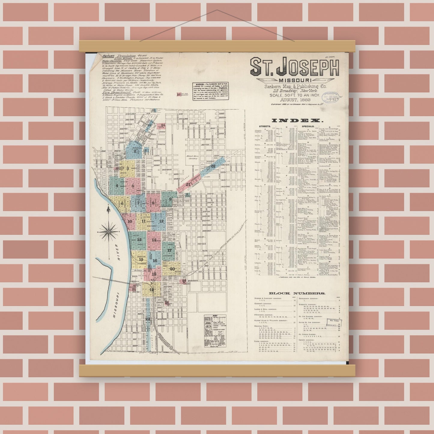 Old map wall art mockup — magnetic wood frame on brick wall — Sanborn Fire Insurance Map from Saint Joseph, Buchanan County, Missouri (1883) - Complete Map Set