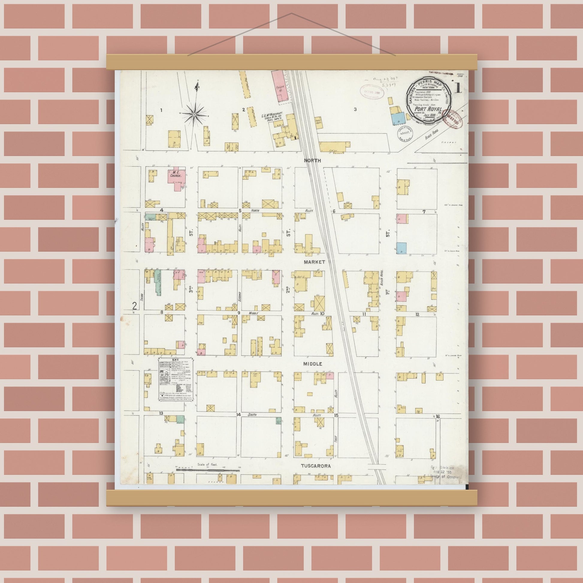 Old map wall art mockup — magnetic wood frame on brick wall — Sanborn Fire Insurance Map from Port Royal, Juniata County, Pennsylvania (1899), Sheet #0001