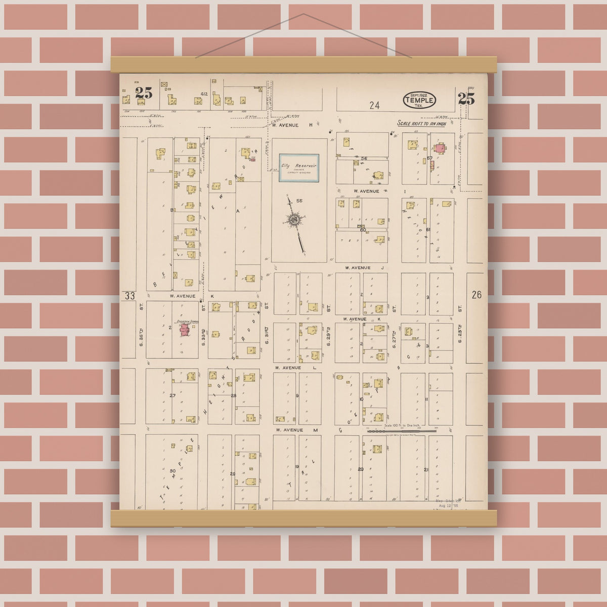 Old map wall art mockup — magnetic wood frame on brick wall — Sanborn Fire Insurance Map from Temple, Bell County, Texas (1922), Sheet #0025