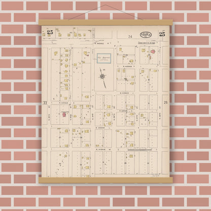 Old map wall art mockup — magnetic wood frame on brick wall — Sanborn Fire Insurance Map from Temple, Bell County, Texas (1922), Sheet #0025