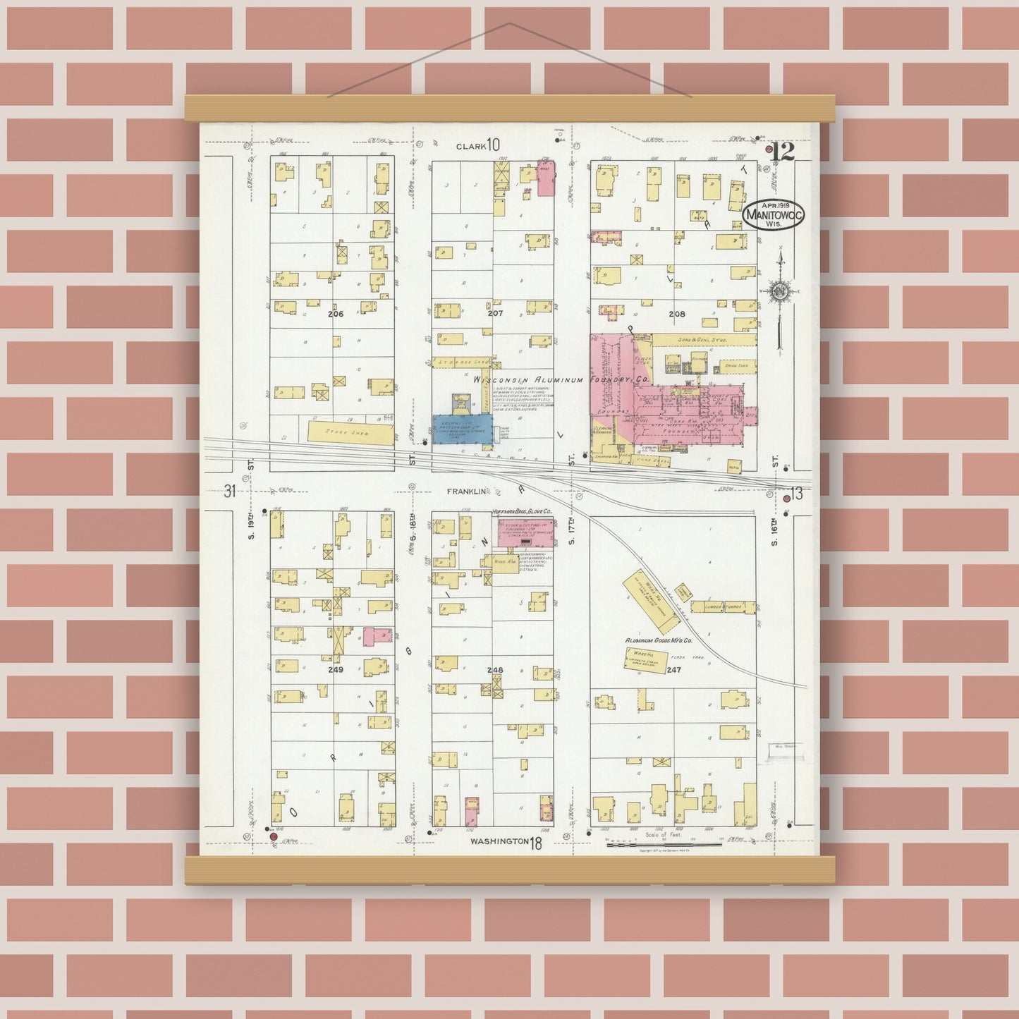 Old map wall art mockup — magnetic wood frame on brick wall — Sanborn Fire Insurance Map from Manitowoc, Manitowoc County, Wisconsin (1919), Sheet #0012